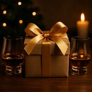 Gift box with a gold bow, two glasses of whiskey, and a lit candle on a wooden surface.