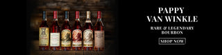 Five bottles of Pappy Van Winkle bourbon on a dark background with promotional text.