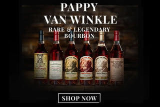 Pappy Van Winkle bourbon bottles displayed with a 'Shop Now' call to action on a dark background.