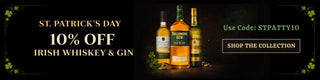 Promotional banner for St. Patrick's Day sale on Irish whiskey and gin with two bottles displayed.