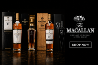 Collection of The Macallan whisky bottles and packaging on a dark background