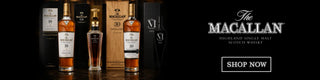 The Macallan whisky bottles and packaging on a dark background with 'Shop Now' button.