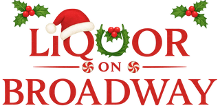 Christmas-themed logo for 'Liquor on Broadway' with Santa hat, holly leaves, and berries.