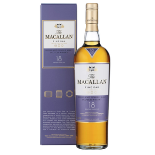 Macallan 18-year-old whisky bottle and box on a white background