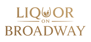 Logo for 'Liquor on Broadway' with gold text on a white background