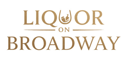Logo for 'Liquor on Broadway' with gold text on a white background