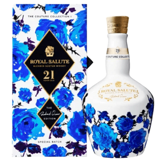 Royal Salute 21-year-old blended scotch whisky bottle and packaging with blue floral design.