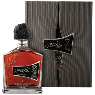 Flor de Caña 30-year-old rum bottle with packaging on a white background