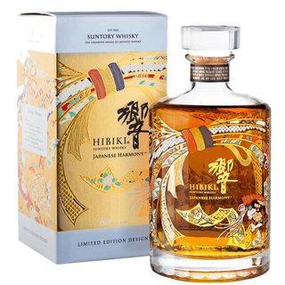 Hibiki Suntory Whisky bottle and packaging on a white background
