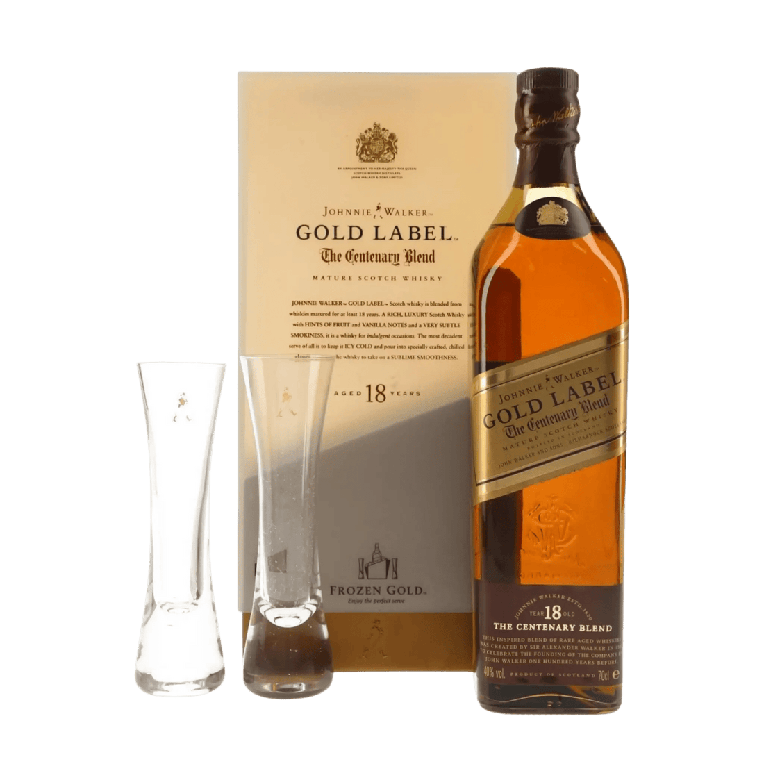 Johnnie Walker Gold Label The Centenary Blend 18 Year Old Blended Scotch Whisky Gift Set with 2 Glasses 750ml - Liquor On Broadway