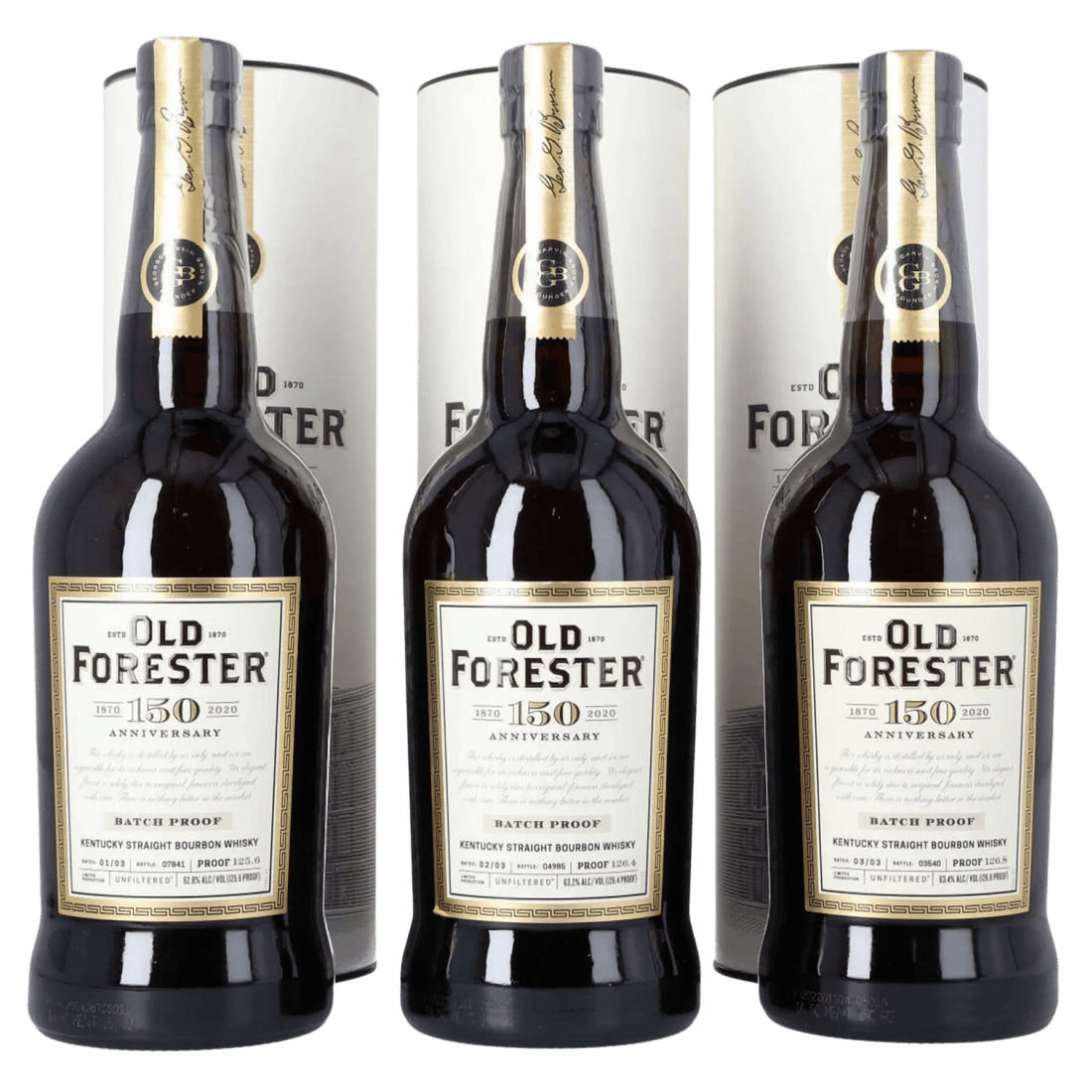 Old Forester 150th Anniversary Batch Proof Kentucky Straight Bourbon Whisky Complete 3 Bottle Set 750ml - Liquor On Broadway