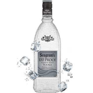 Seagram's 100 Proof Platinum Select Vodka bottle with ice cubes on a white background