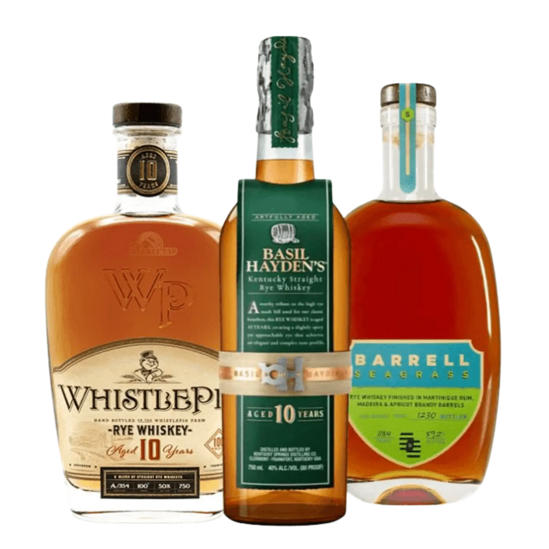 WhistlePig 10 Year Rye + Basil Hayden 10 Year Rye + Barrell Seagrass Rye Whiskey Bundle 3 x 750ml - Liquor On Broadway
